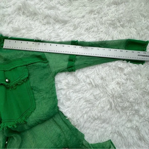 TOV Los Angeles Green Sheer Button-Down Shirt with Frayed Detailing Pockets M - Picture 8 of 9